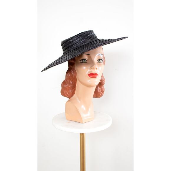 Vintage 1970s does 1950s Black Straw Wide Brim Summer Sun Hat (3 Available) main image 7